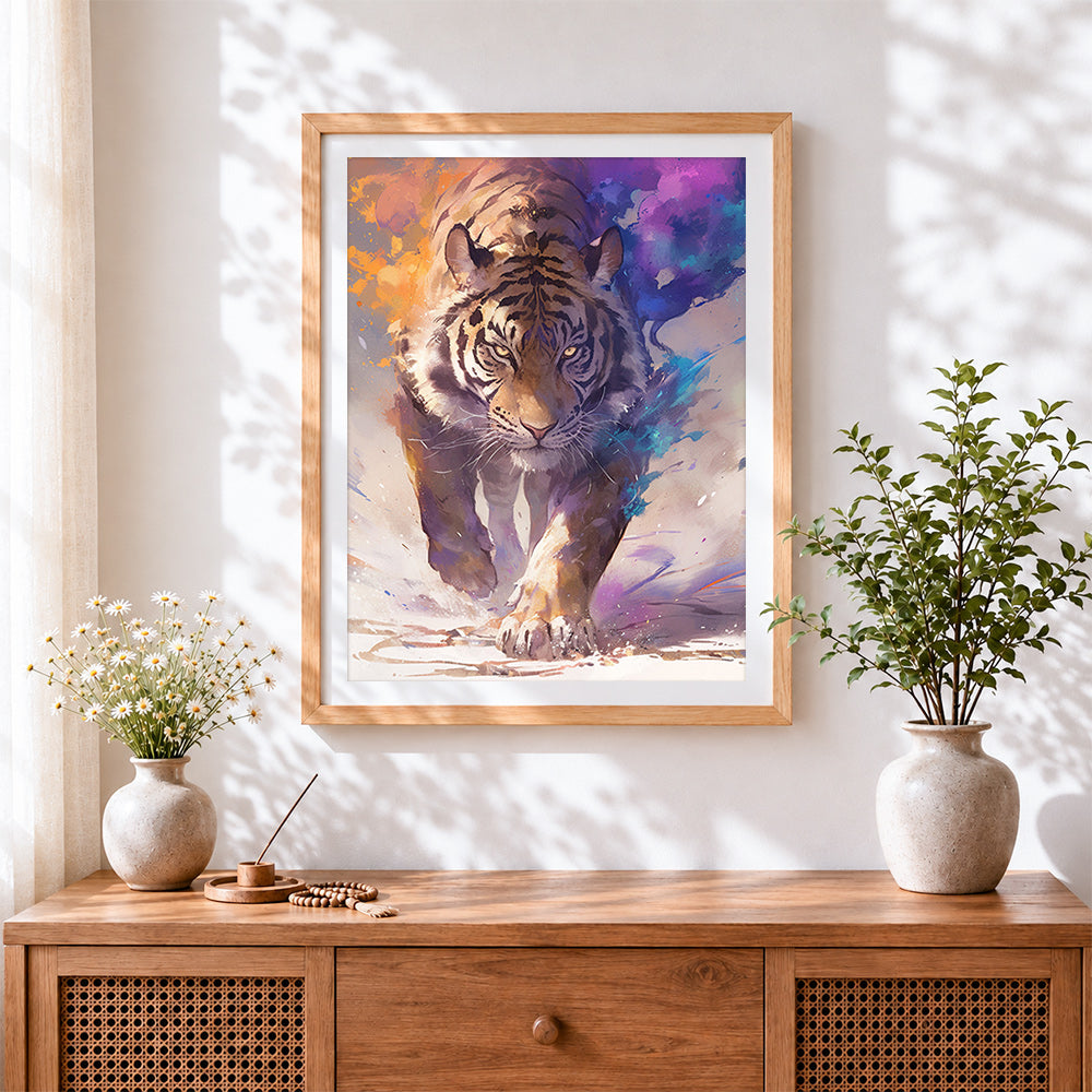 Finished watercolour splash tiger cross stitch artwork displayed