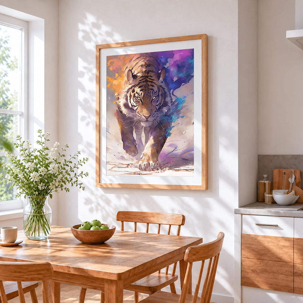Watercolour splash tiger cross stitch artwork displayed on wall as home decor