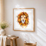 Watercolour splatter lion cross stitch artwork displayed on wall as home decor