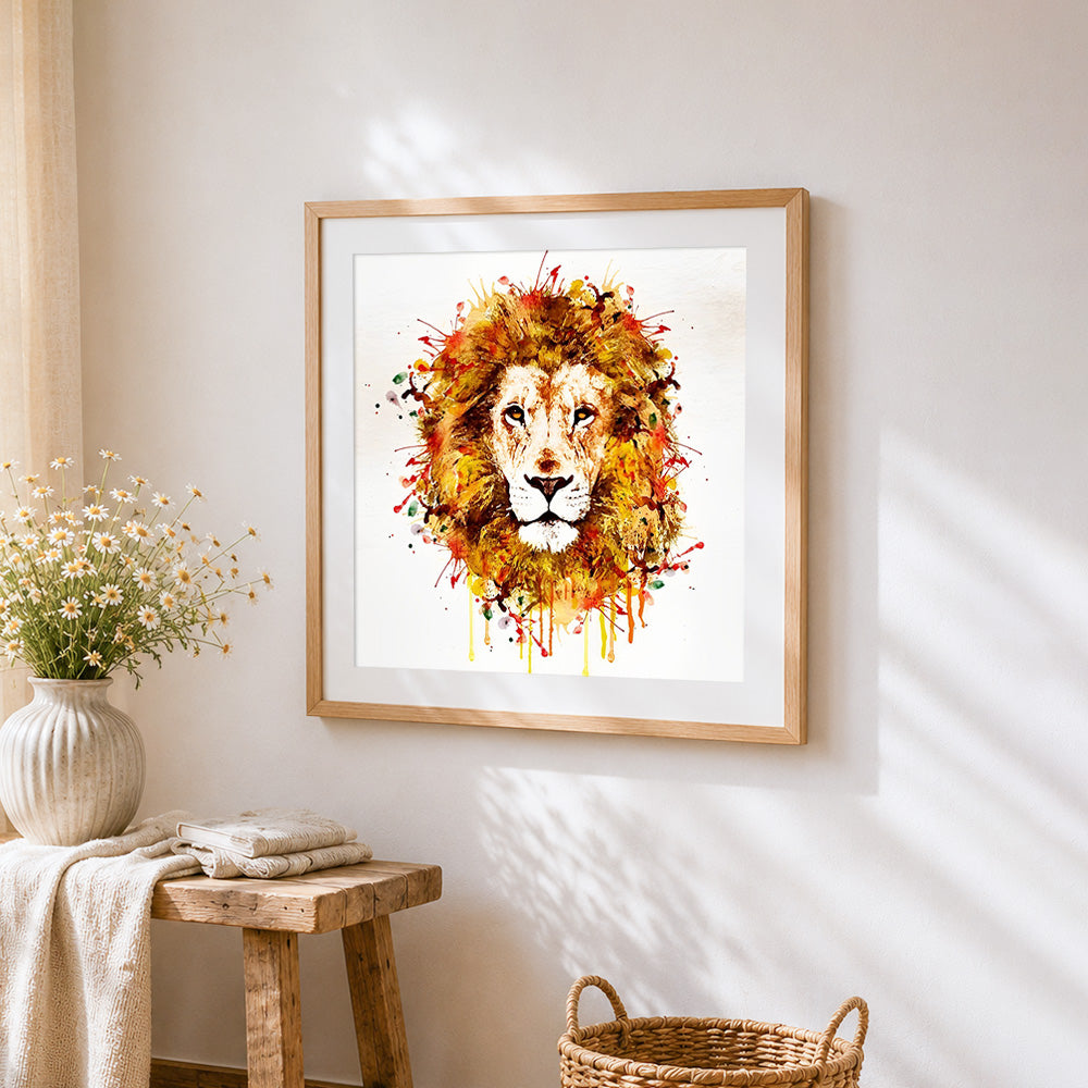 Watercolour splatter lion cross stitch artwork displayed on wall as home decor