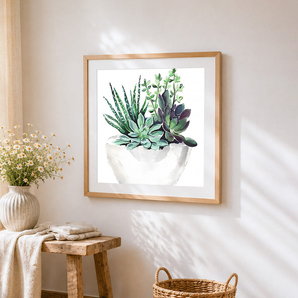 Watercolour succulent plants in a pot cross stitch artwork displayed on wall as home decor