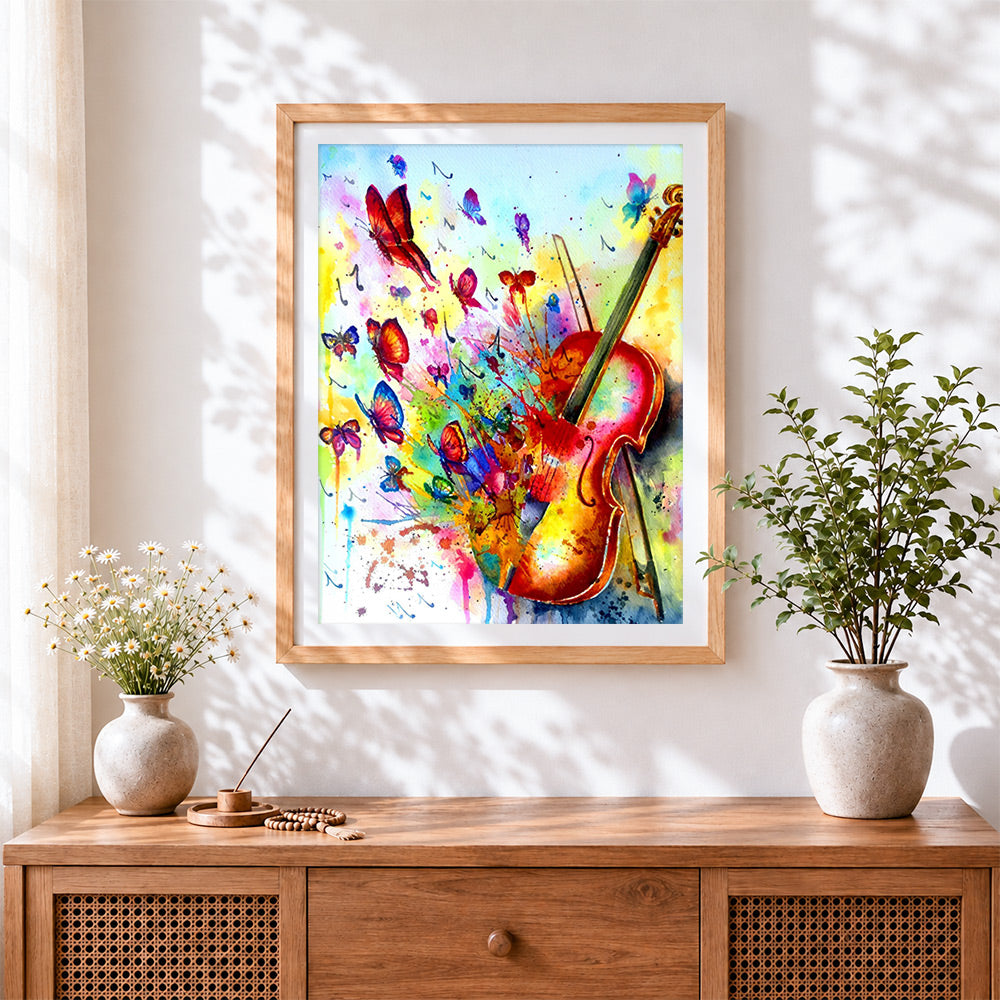 Finished watercolour violin and butterflies cross stitch artwork displayed