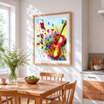 Watercolour violin and butterflies cross stitch artwork displayed on wall as home decor