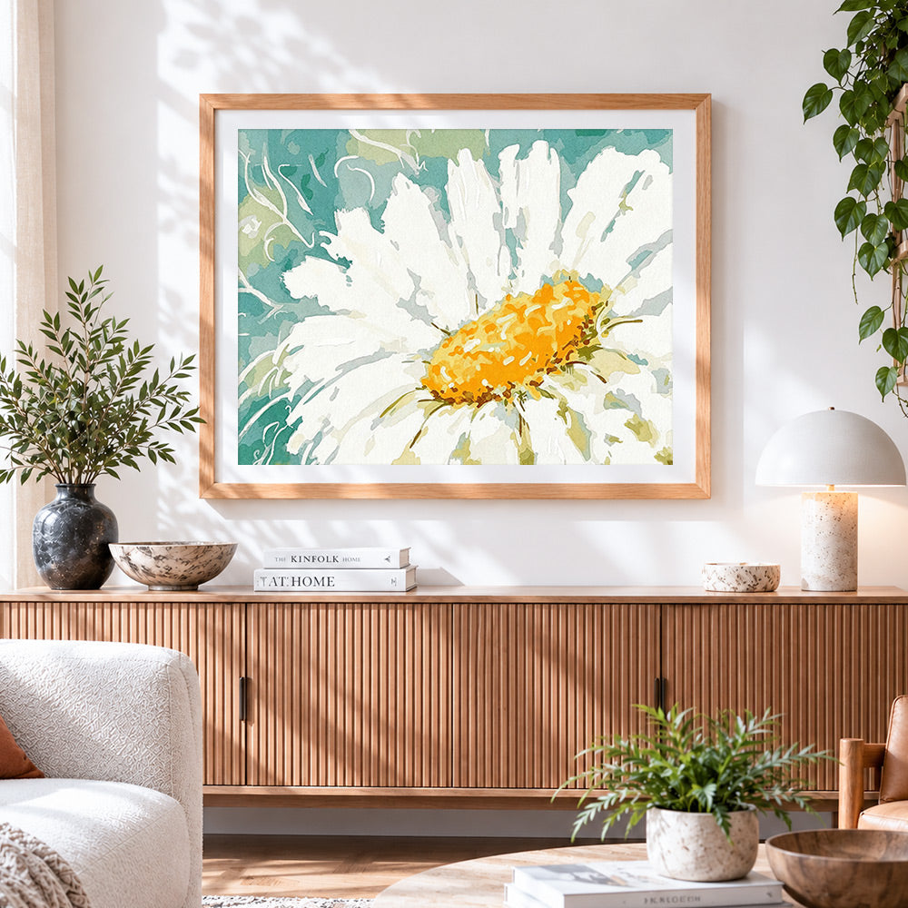 Finished watercolour white daisy cross stitch artwork displayed