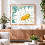 Finished watercolour white daisy cross stitch artwork displayed