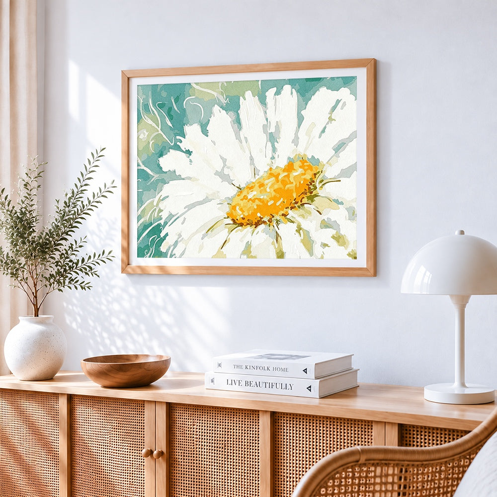 Watercolour white daisy paint by numbers artwork displayed on wall as home decor