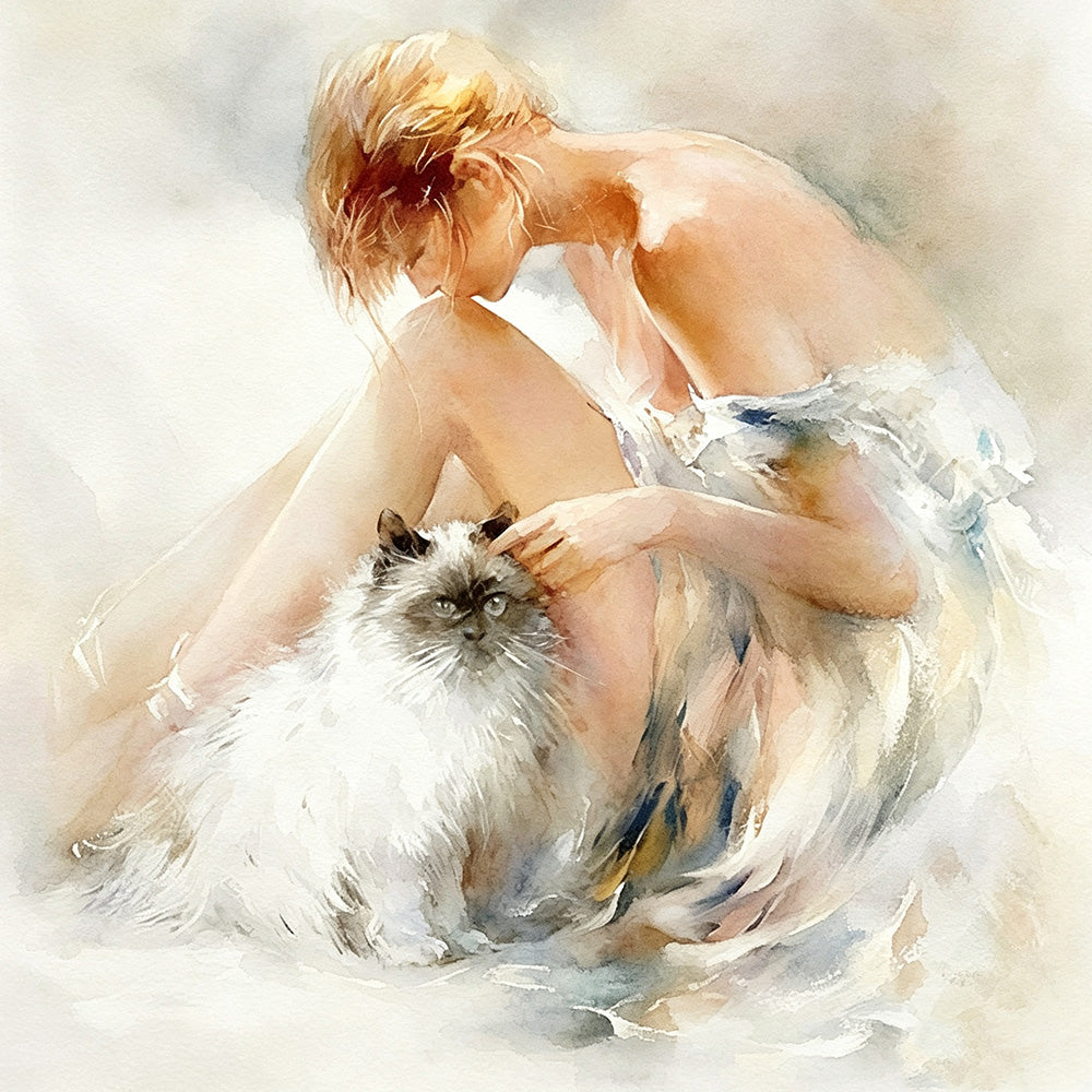 Watercolour woman with fluffy cat cross stitch kit for beginners