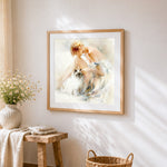 Watercolour woman with fluffy cat cross stitch artwork displayed on wall as home decor
