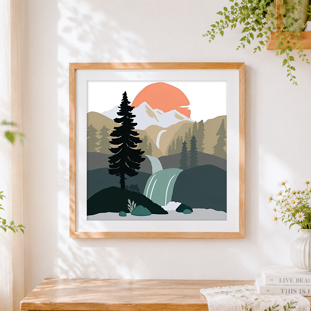 Finished waterfall and pine trees landscape cross stitch artwork displayed