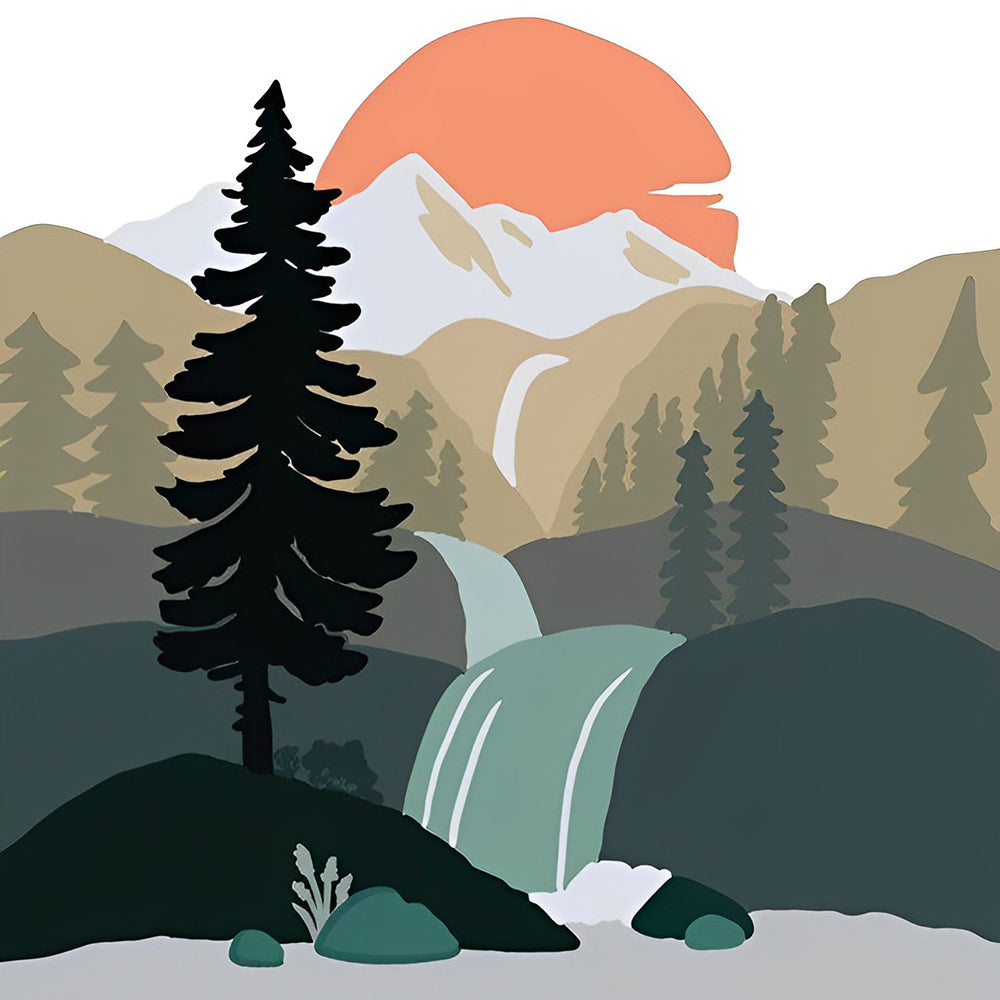 Waterfall and pine trees landscape cross stitch kit for beginners