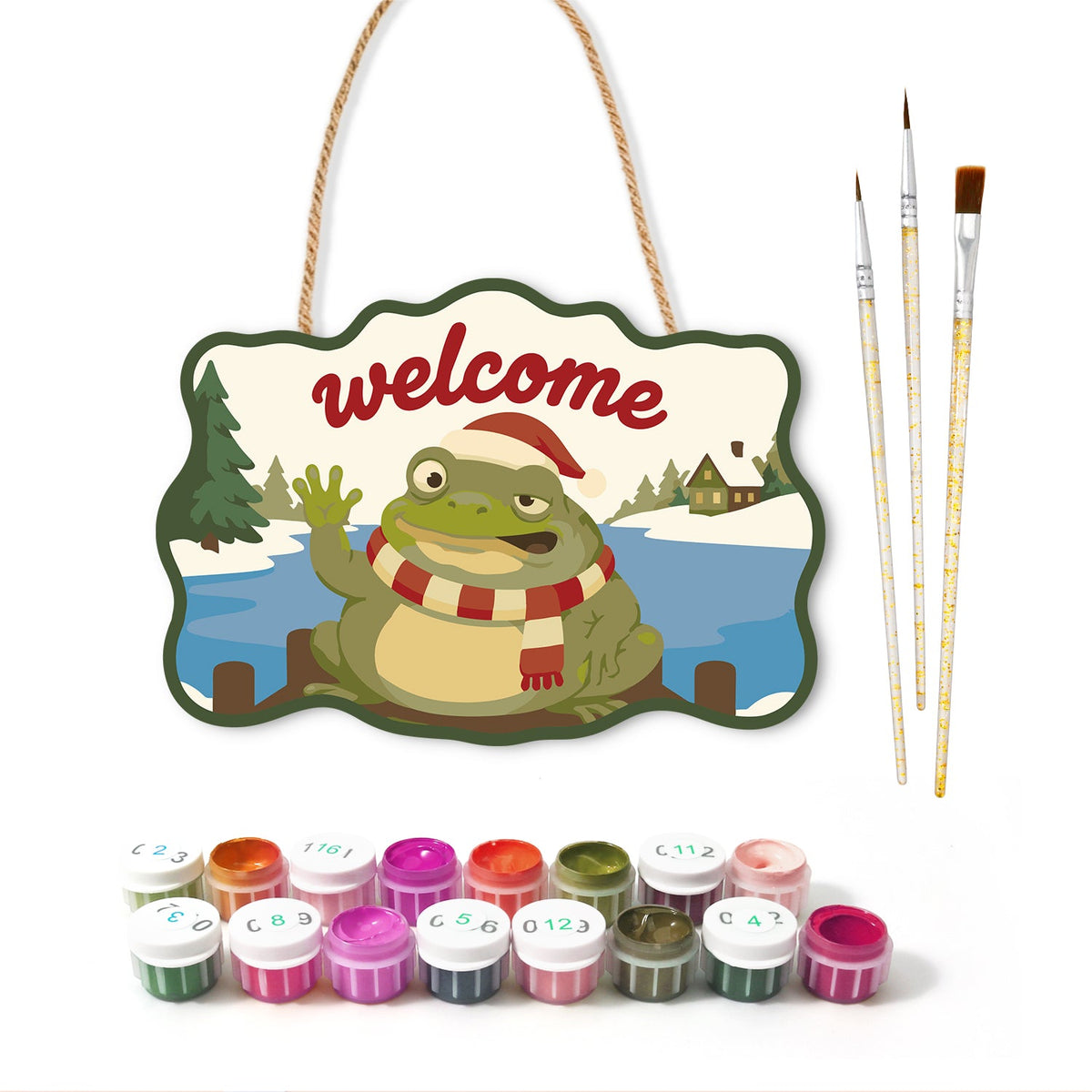 Waving frog holiday paint by numbers door hanger with paints and brushes