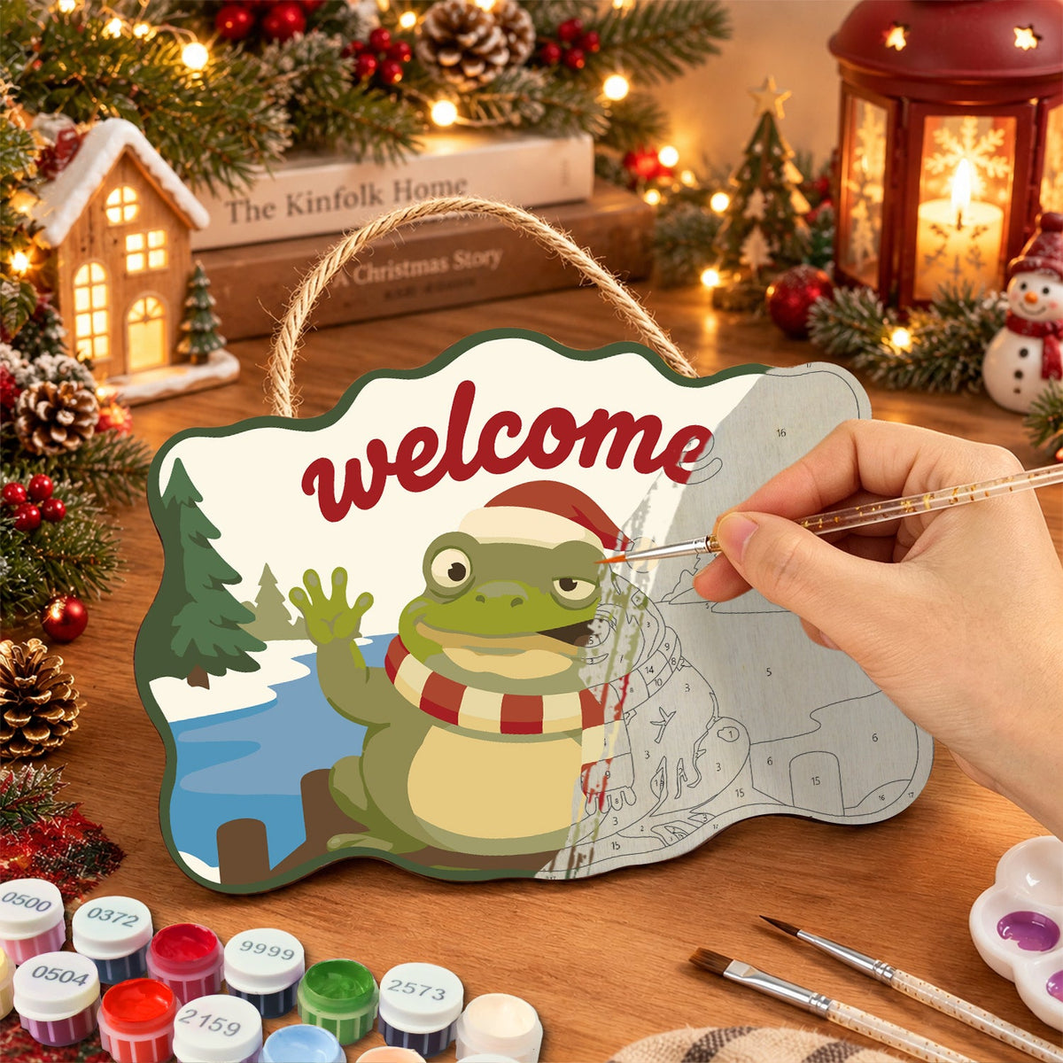 Waving frog holiday paint by numbers door hanger painting process
