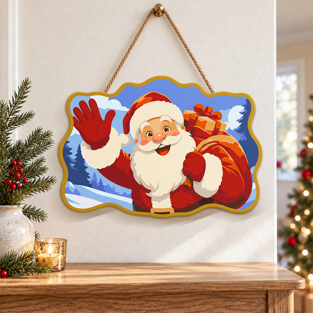 Waving santa gift bag paint by numbers door hanger as indoor wall decor