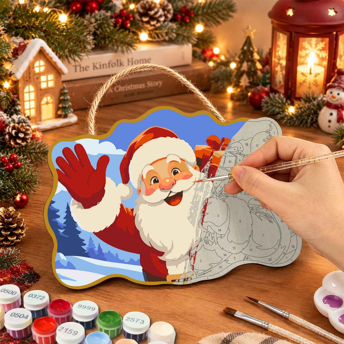 Waving santa gift bag paint by numbers door hanger painting process