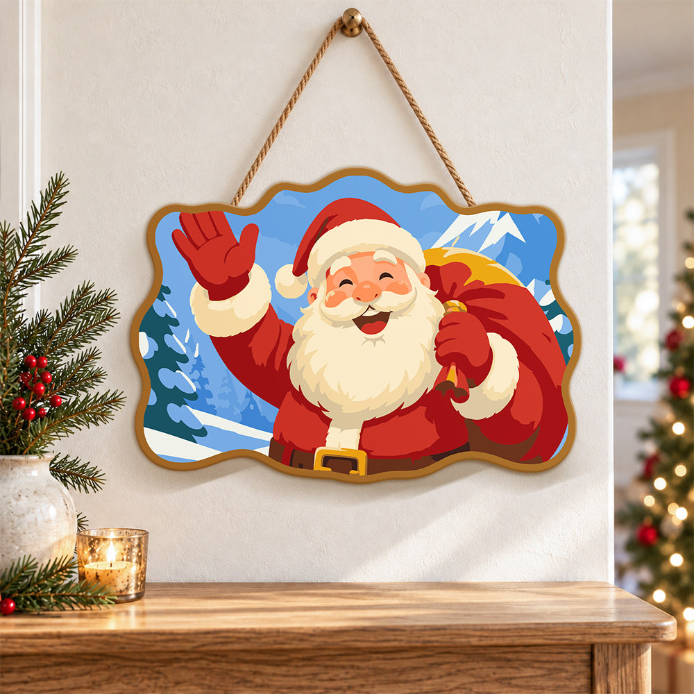 Waving santa with bell paint by numbers door hanger as indoor wall decor
