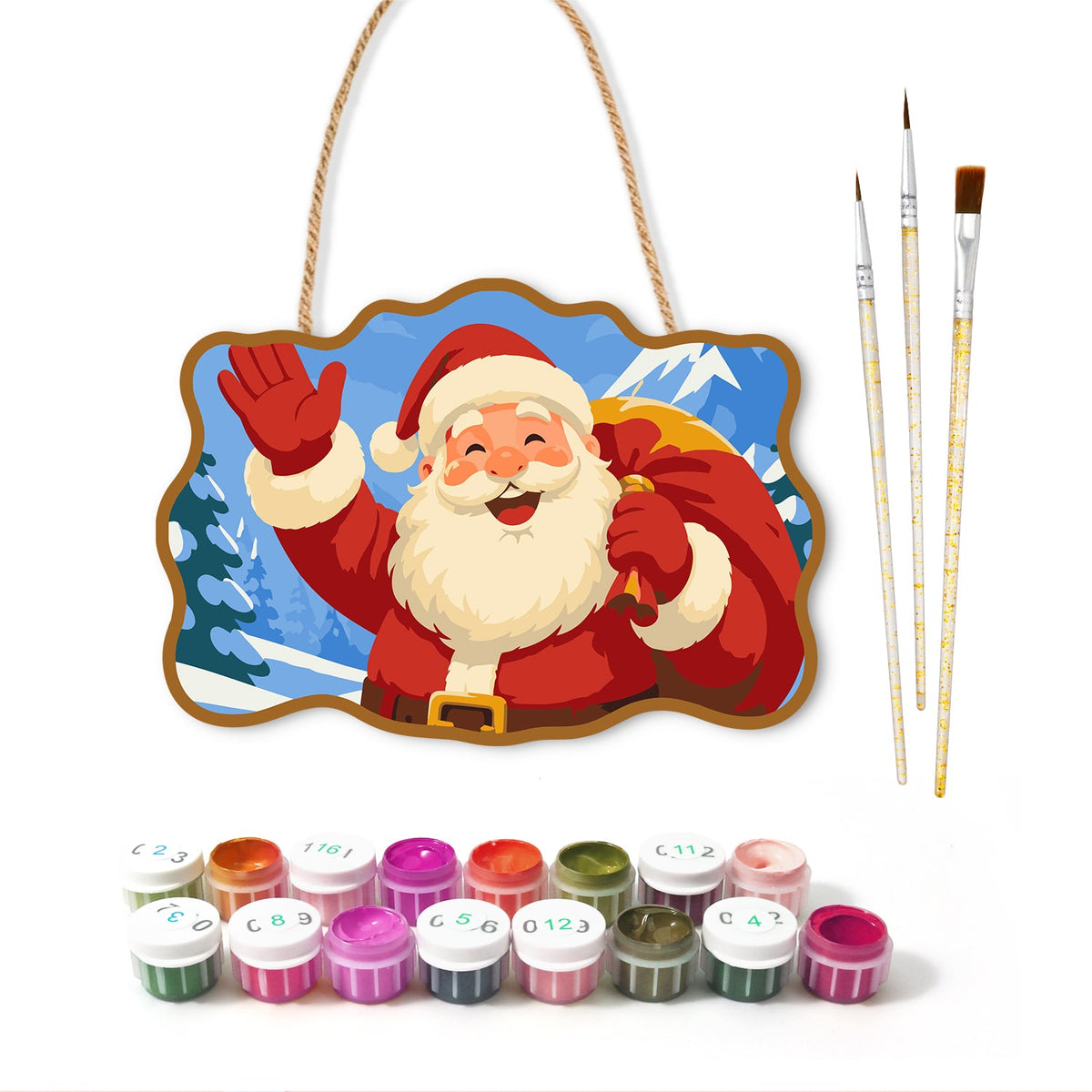 Waving santa with bell paint by numbers door hanger with paints and brushes