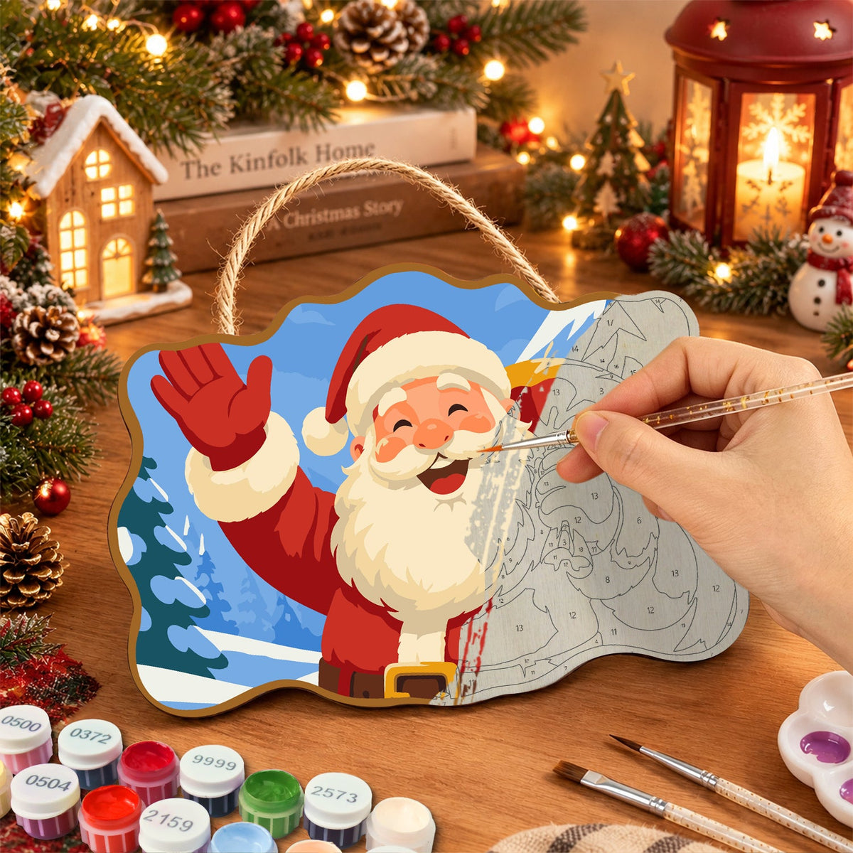 Waving santa with bell paint by numbers door hanger painting process