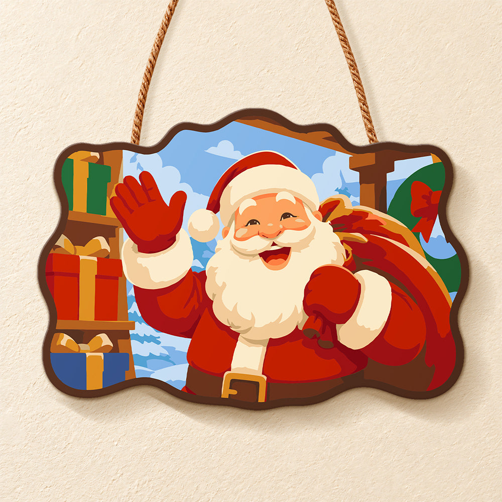 Waving santa with gift sack paint by numbers door hanger finished design