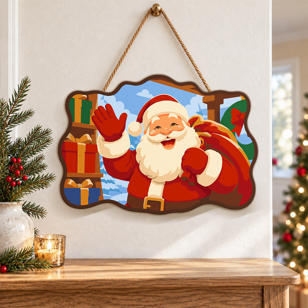 Waving santa with gift sack paint by numbers door hanger as indoor wall decor