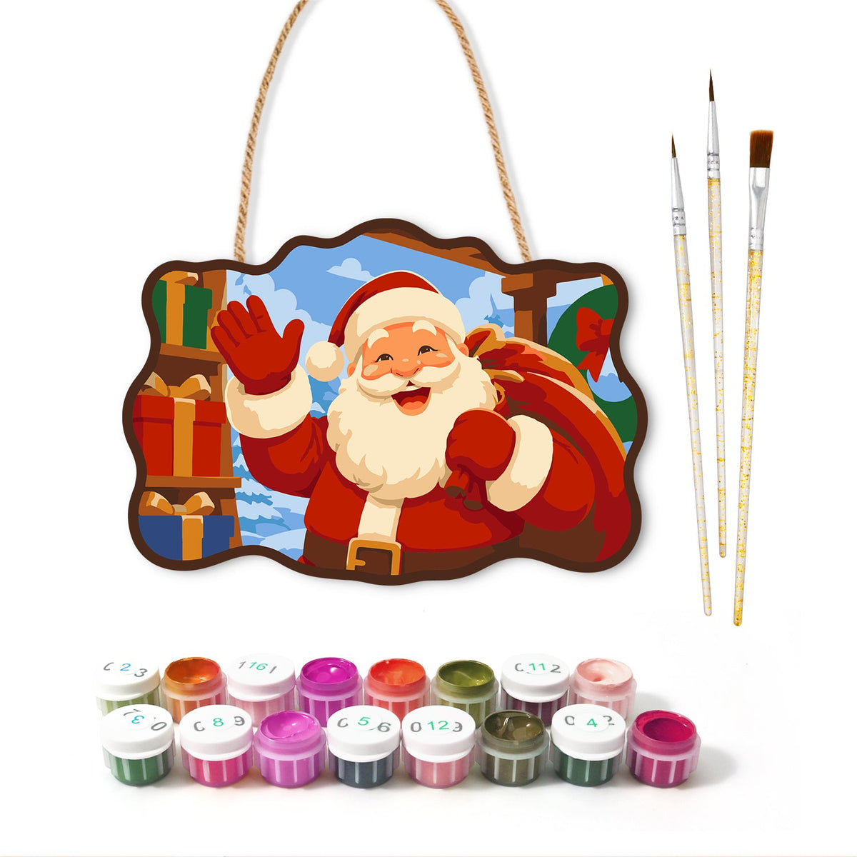 Waving santa with gift sack paint by numbers door hanger with paints and brushes