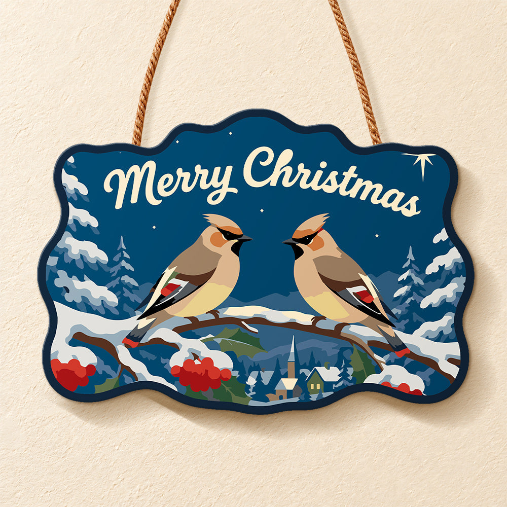 Waxwing winter scene paint by numbers door hanger finished design