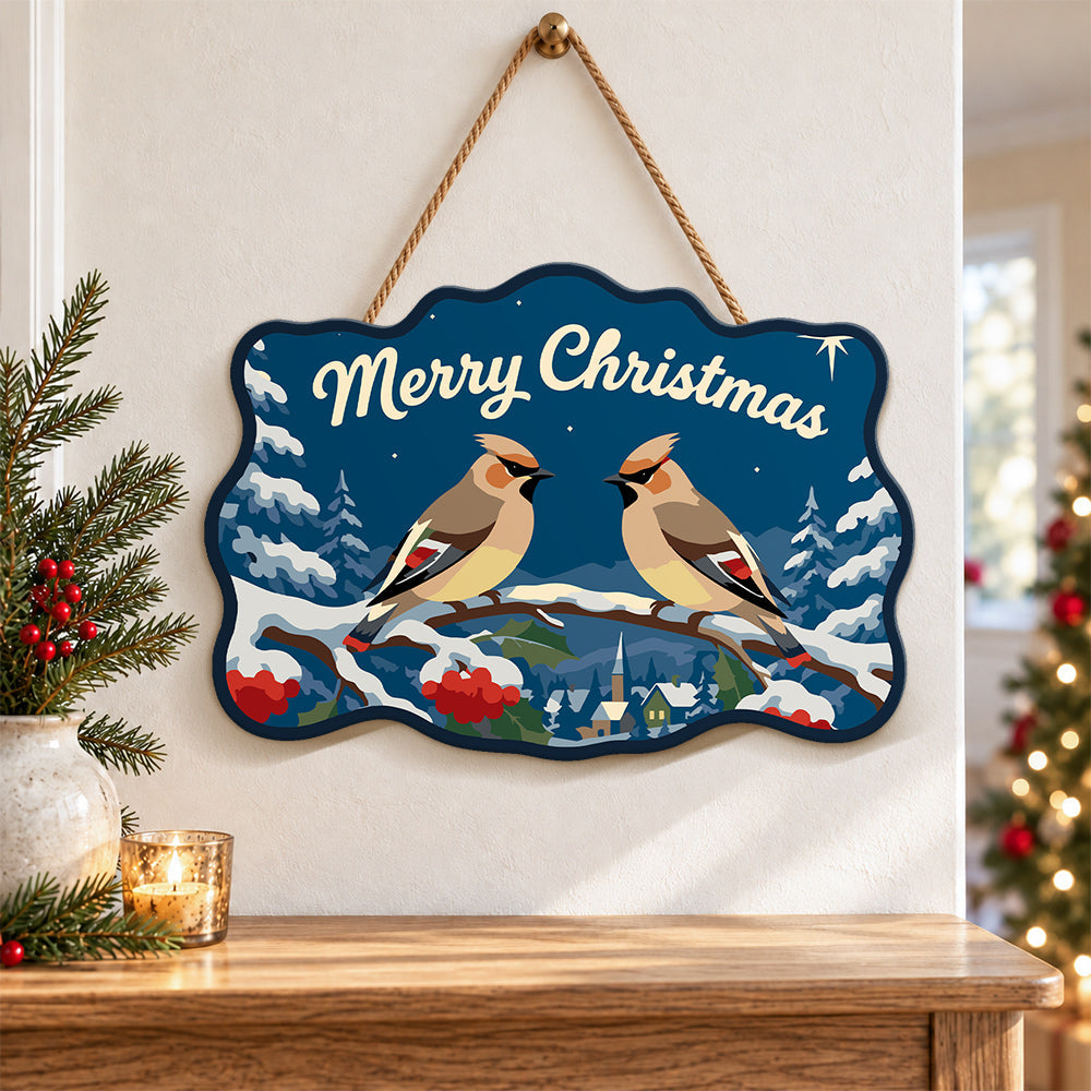Waxwing winter scene paint by numbers door hanger as indoor wall decor