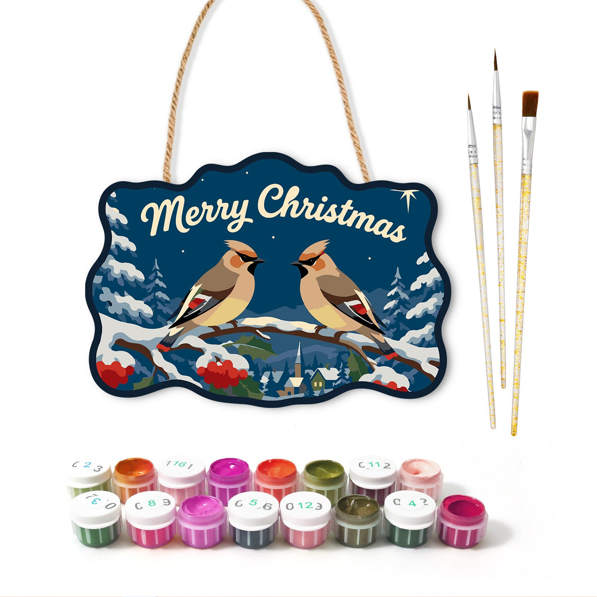 Waxwing winter scene paint by numbers door hanger with paints and brushes