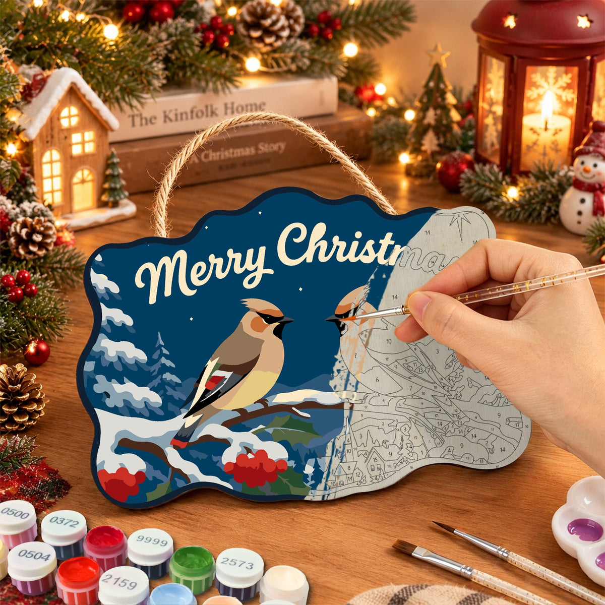 Waxwing winter scene paint by numbers door hanger painting process