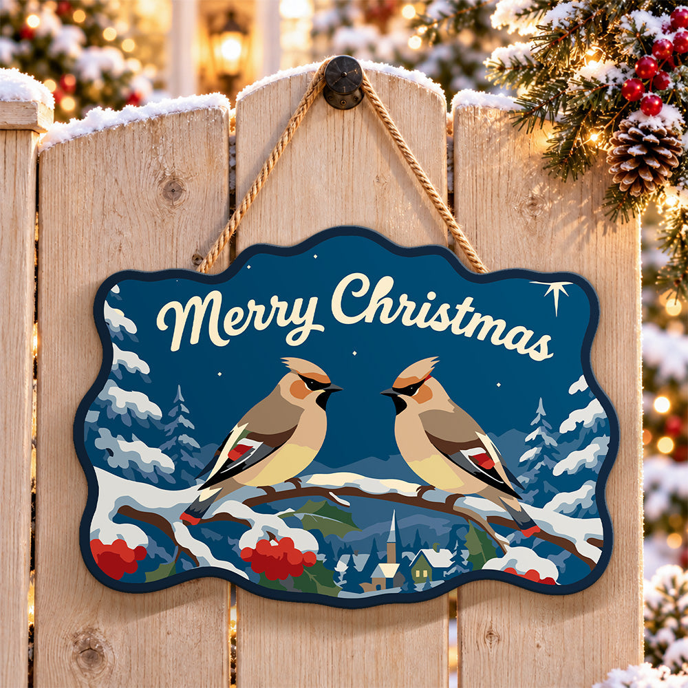Waxwing winter scene paint by numbers door hanger on a garden gate