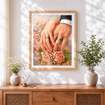 Finished wedding hands with rings and roses cross stitch artwork displayed