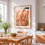 Wedding hands with rings and roses cross stitch artwork displayed on wall as home decor