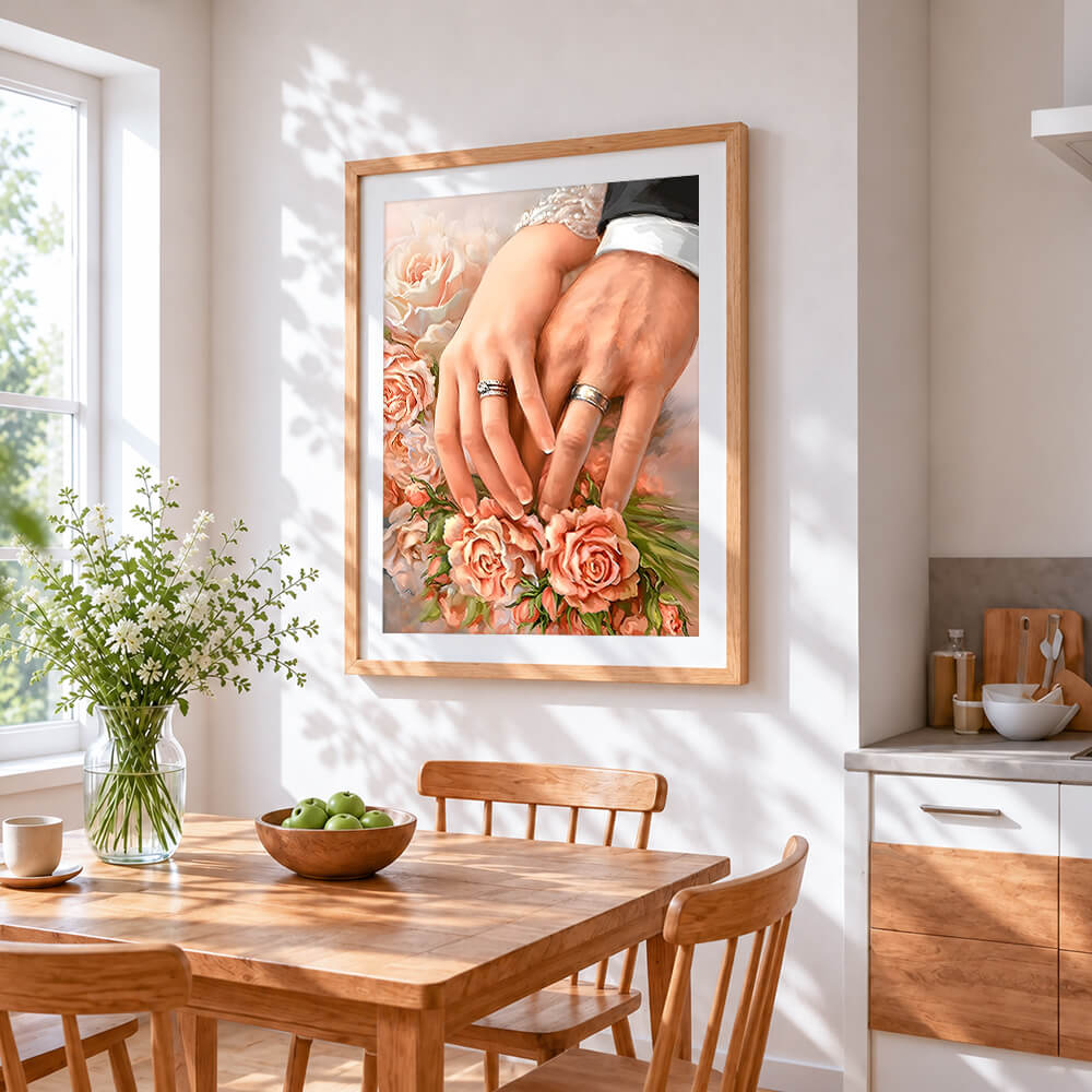 Wedding hands with rings and roses cross stitch artwork displayed on wall as home decor