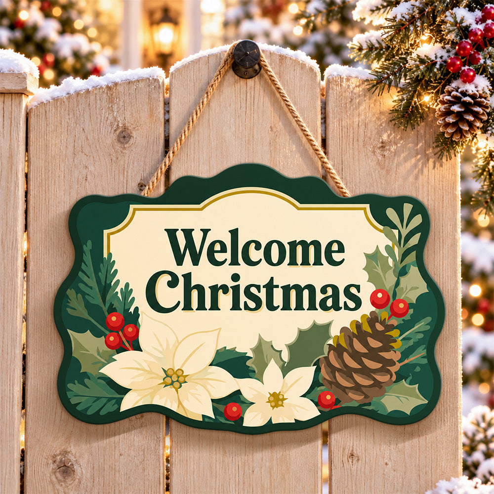 Welcome christmas foliage paint by numbers door hanger on a garden gate