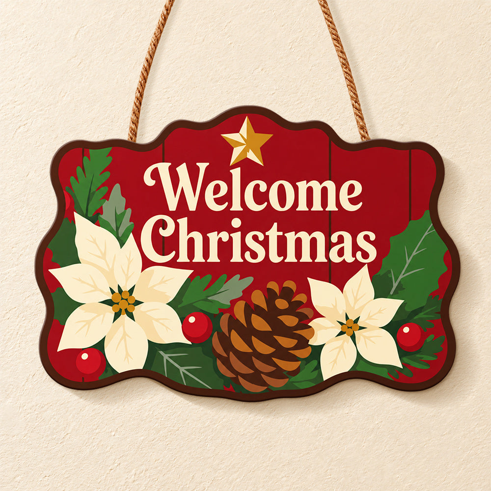 Welcome christmas poinsettia paint by numbers door hanger finished design