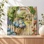 Finished welcome cottage with hydrangeas pearl diamond painting artwork displayed as holiday home decor