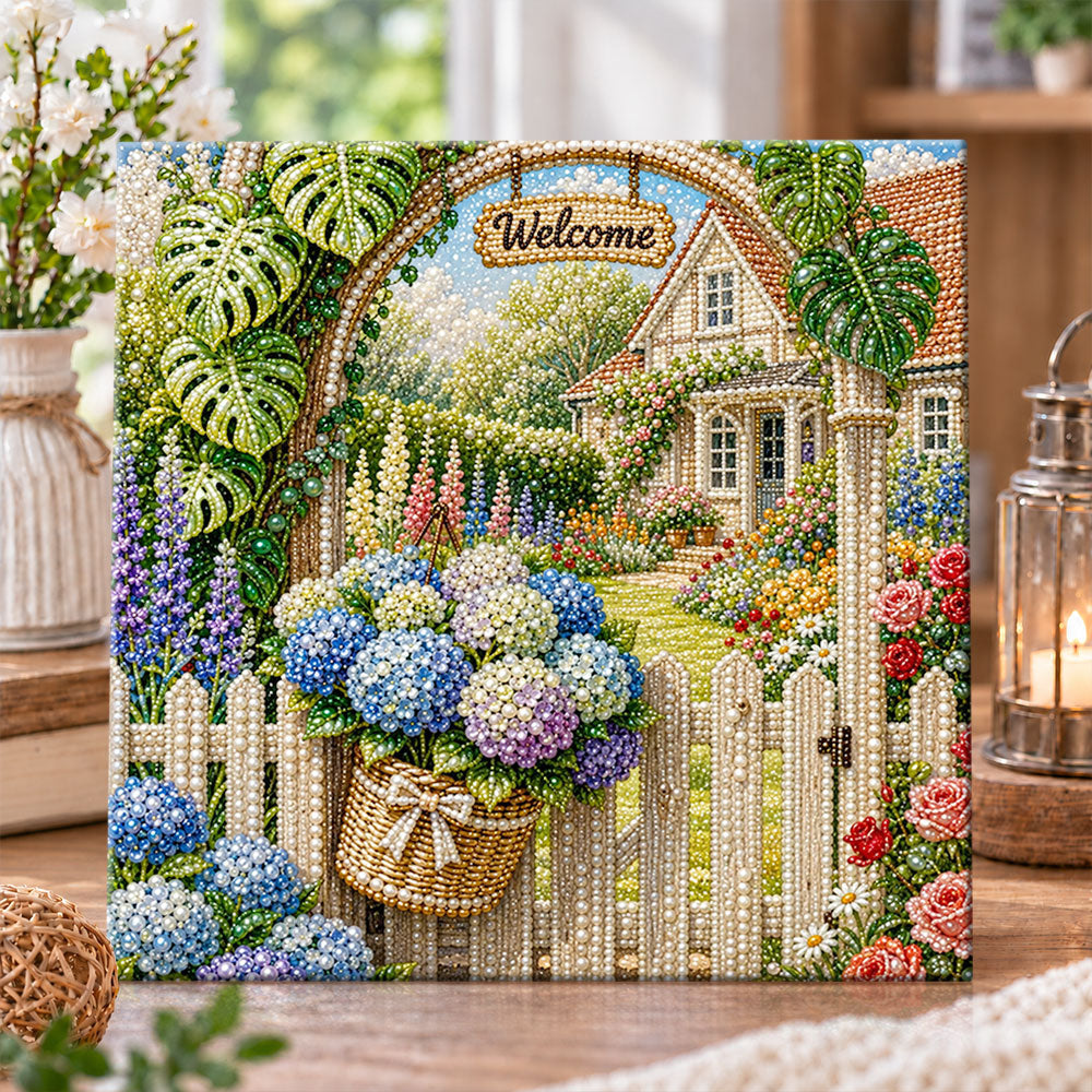 Welcome cottage with hydrangeas pearl diamond painting kit for beginners
