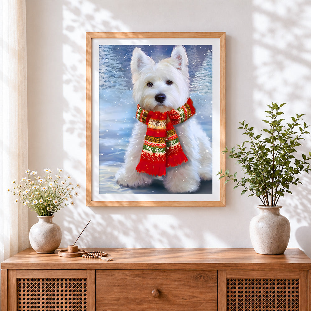 Finished west highland terrier in a festive scarf cross stitch artwork displayed