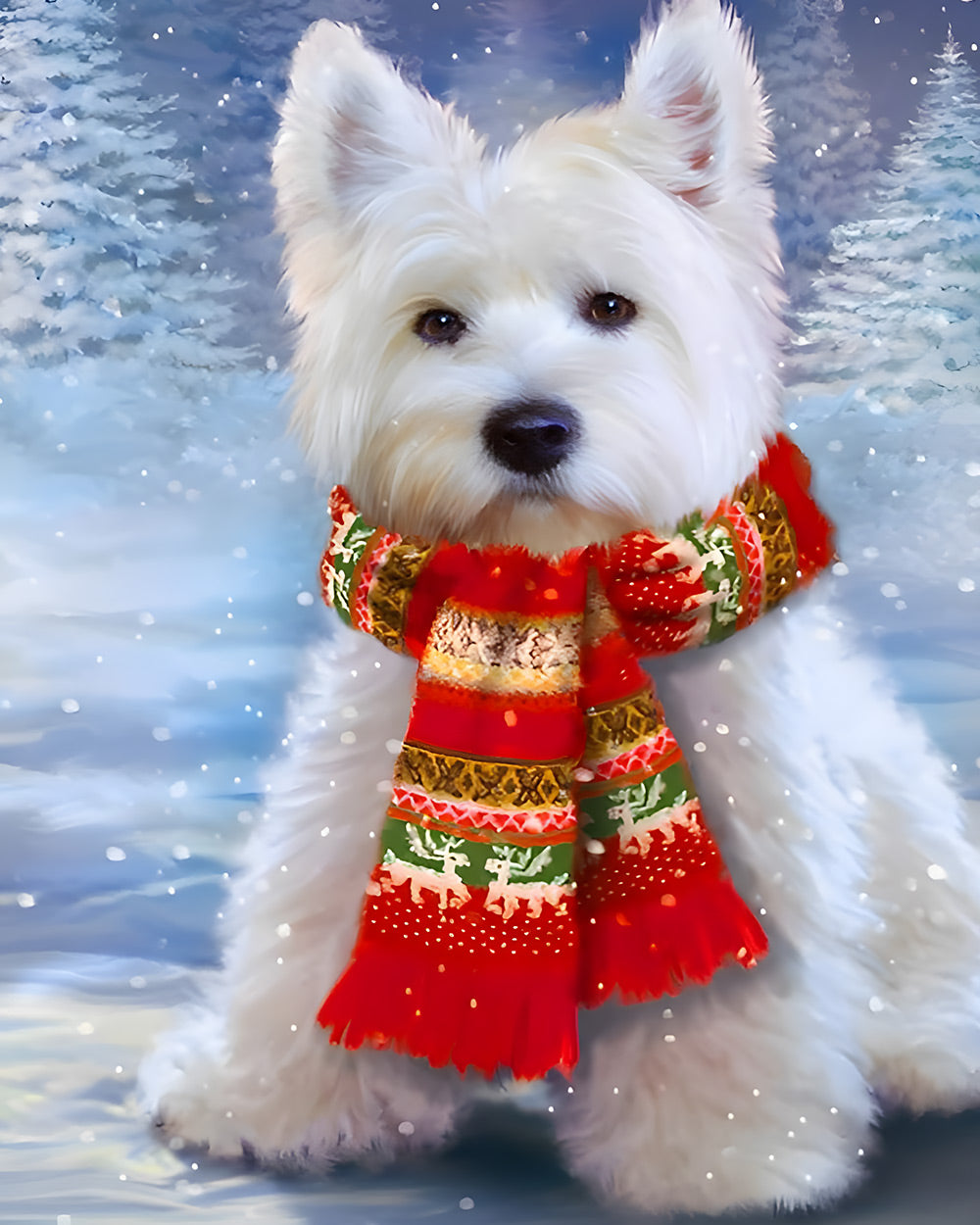 West highland terrier in a festive scarf cross stitch kit for beginners