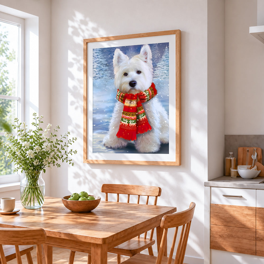 West highland terrier in a festive scarf cross stitch artwork displayed on wall as home decor