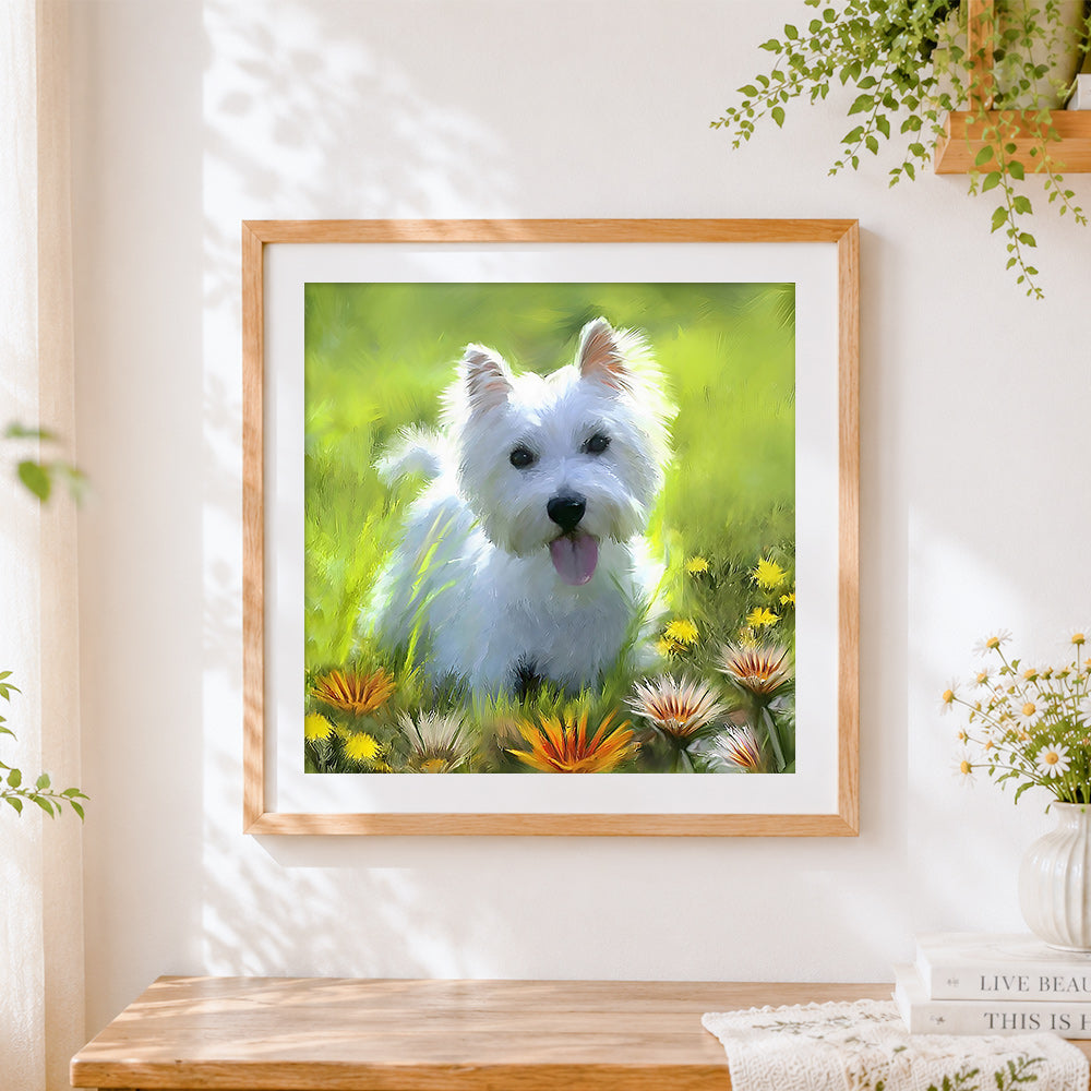 Finished west highland terrier in a wildflower meadow cross stitch artwork displayed