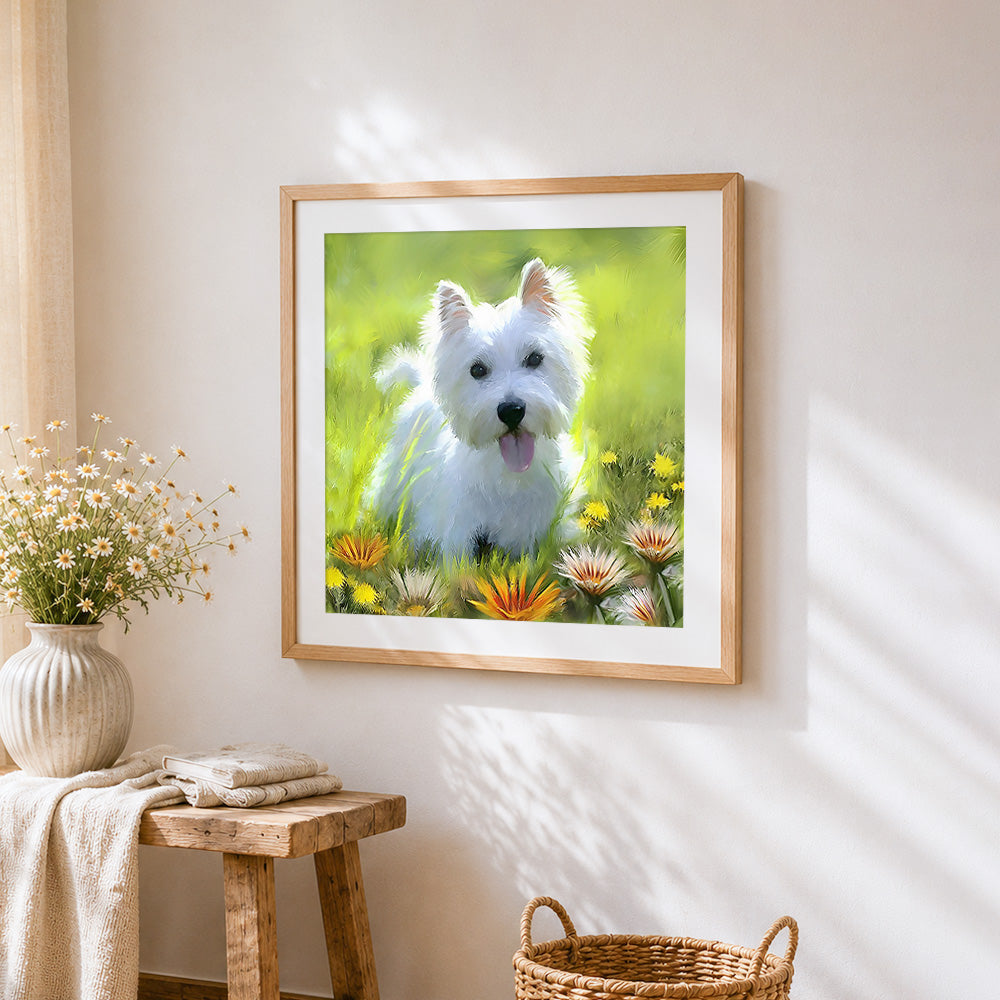 West highland terrier in a wildflower meadow cross stitch artwork displayed on wall as home decor