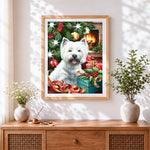 Finished west highland terrier with christmas presents cross stitch artwork displayed
