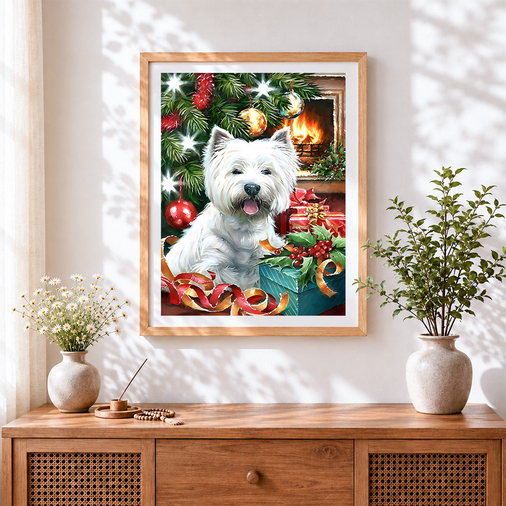 Finished west highland terrier with christmas presents cross stitch artwork displayed