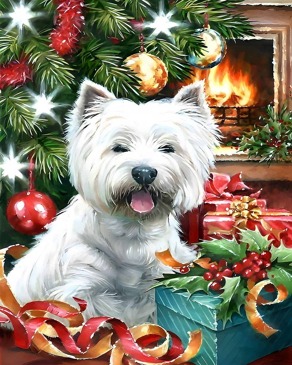 West highland terrier with christmas presents cross stitch kit for beginners