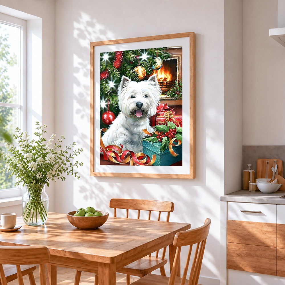 West highland terrier with christmas presents cross stitch artwork displayed on wall as home decor