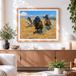 Finished western cowboys on horseback cross stitch artwork displayed