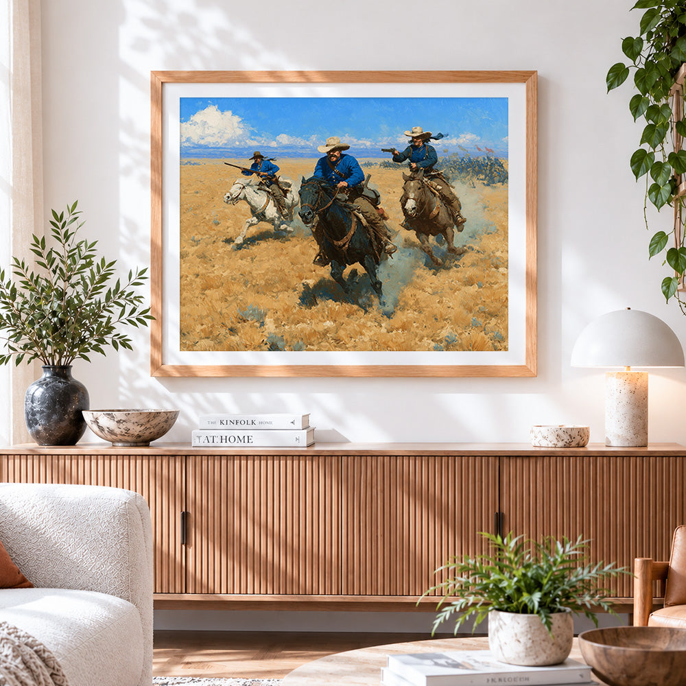 Finished western cowboys on horseback cross stitch artwork displayed