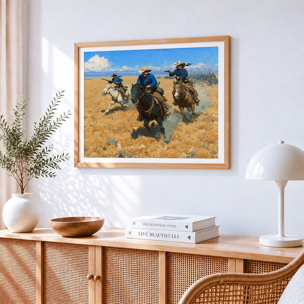 Western cowboys on horseback paint by numbers artwork displayed on wall as home decor