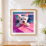Finished westie dog in a pink car cross stitch artwork displayed