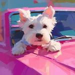 Westie dog in a pink car cross stitch kit for beginners